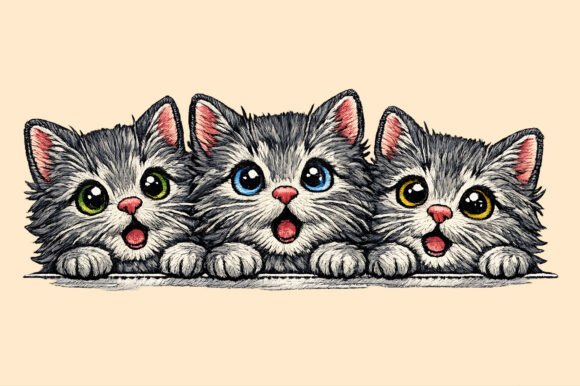 Cute Peeking Cats Embroidery PNG