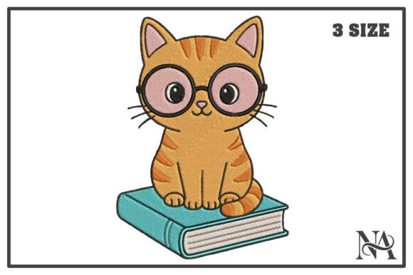 Smart Reading Cat Embroidery Design