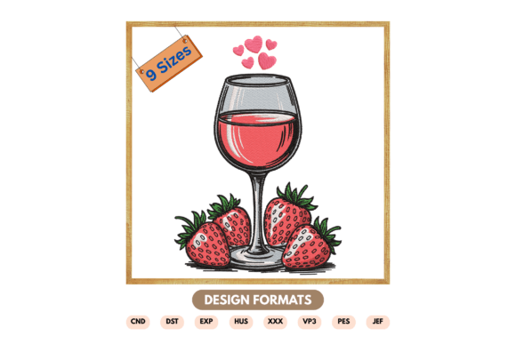 Strawberry Wine Glass Embroidery Design